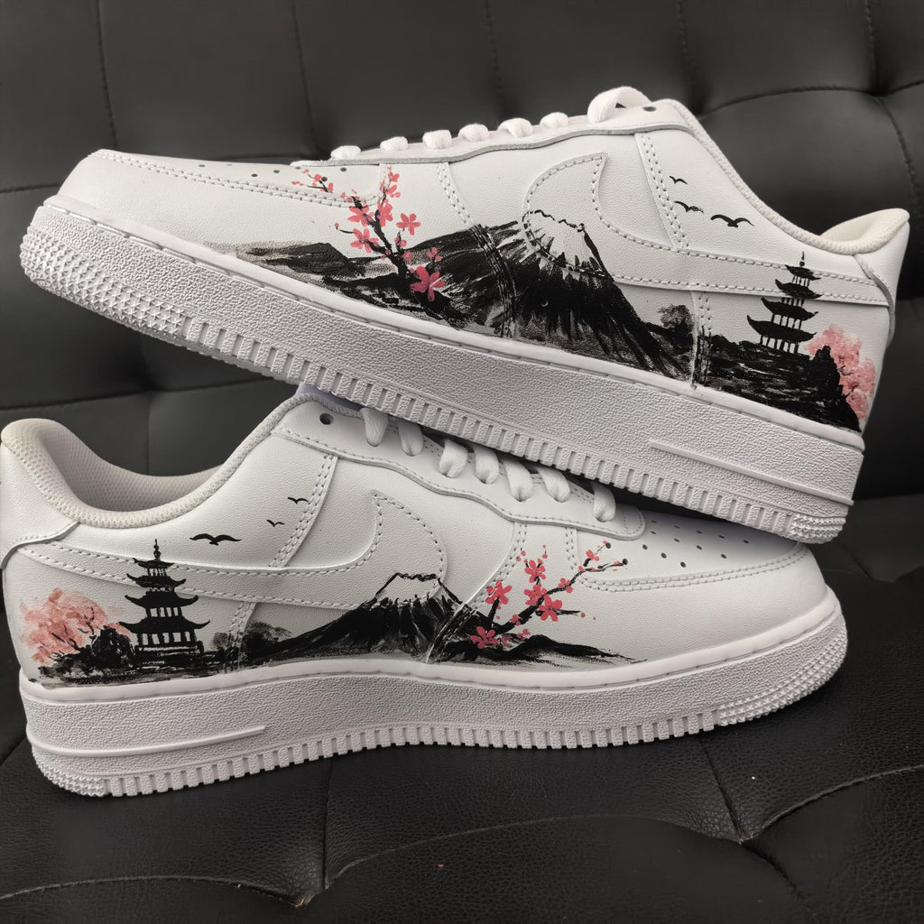 Custom Air Force 1, Hand Painted Mount Fuji Shoes, Cherry Blossom AF1,Ink Painting Shoes, Oriental Air Force One,A Unique Gift