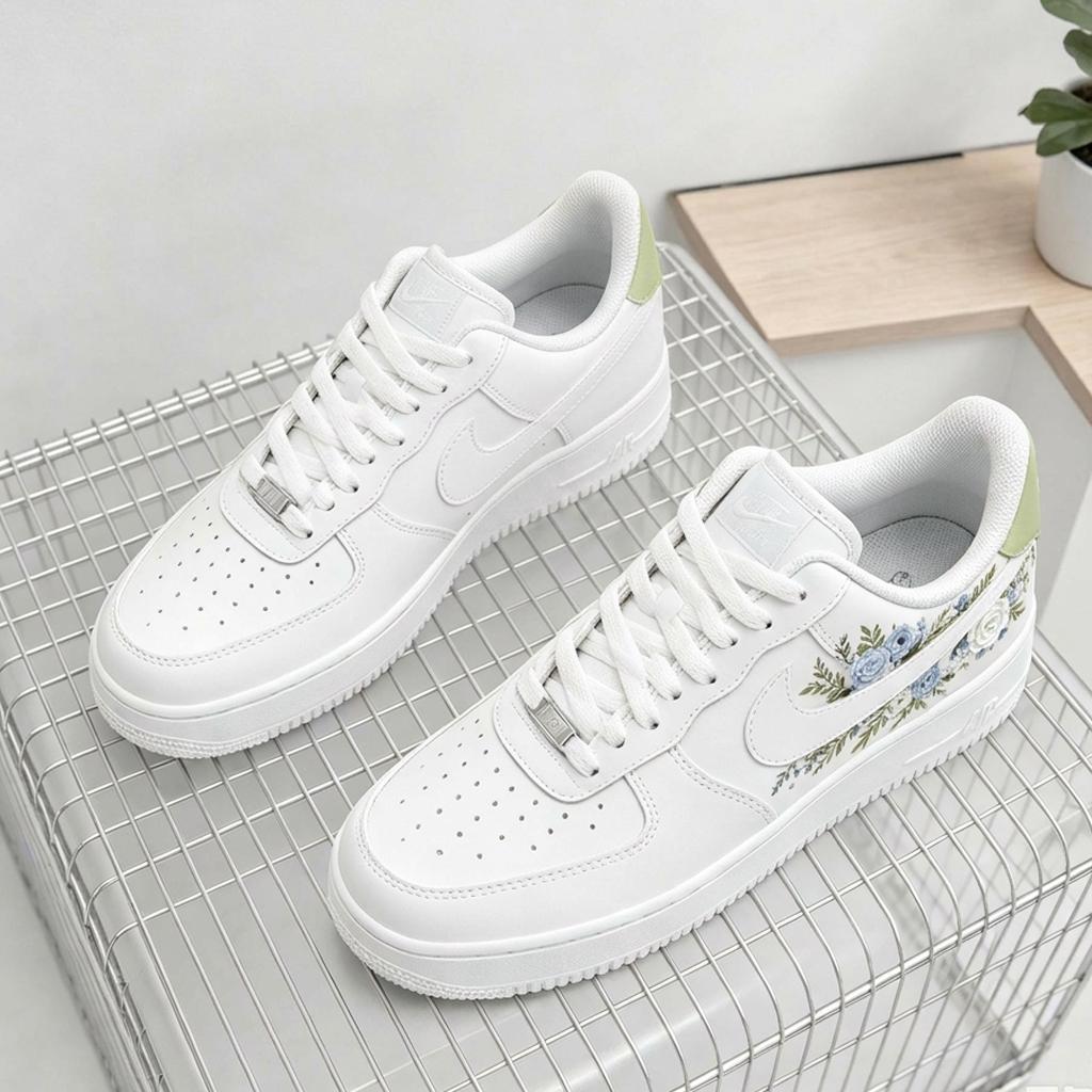 Blue Floral Air Force 1 ,Hand Painted Botanical AF1 Sneakers for Unique Birthday and Graduation Gift