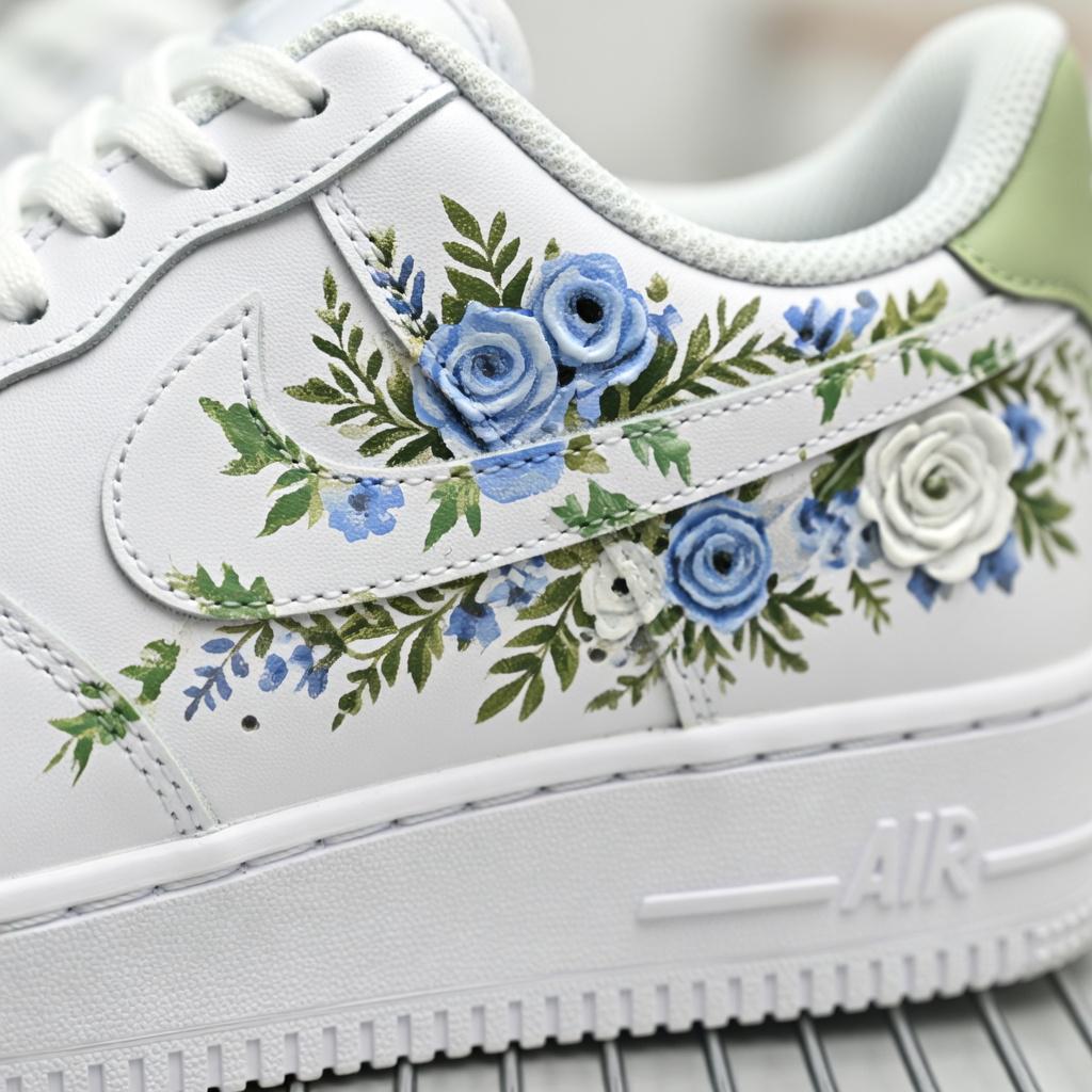 Blue Floral Air Force 1 ,Hand Painted Botanical AF1 Sneakers for Unique Birthday and Graduation Gift