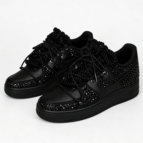 Black Crystal AF1 Custom Sneakers, Dark Luxury Party Footwear, Unique Gift for Birthday & Graduation