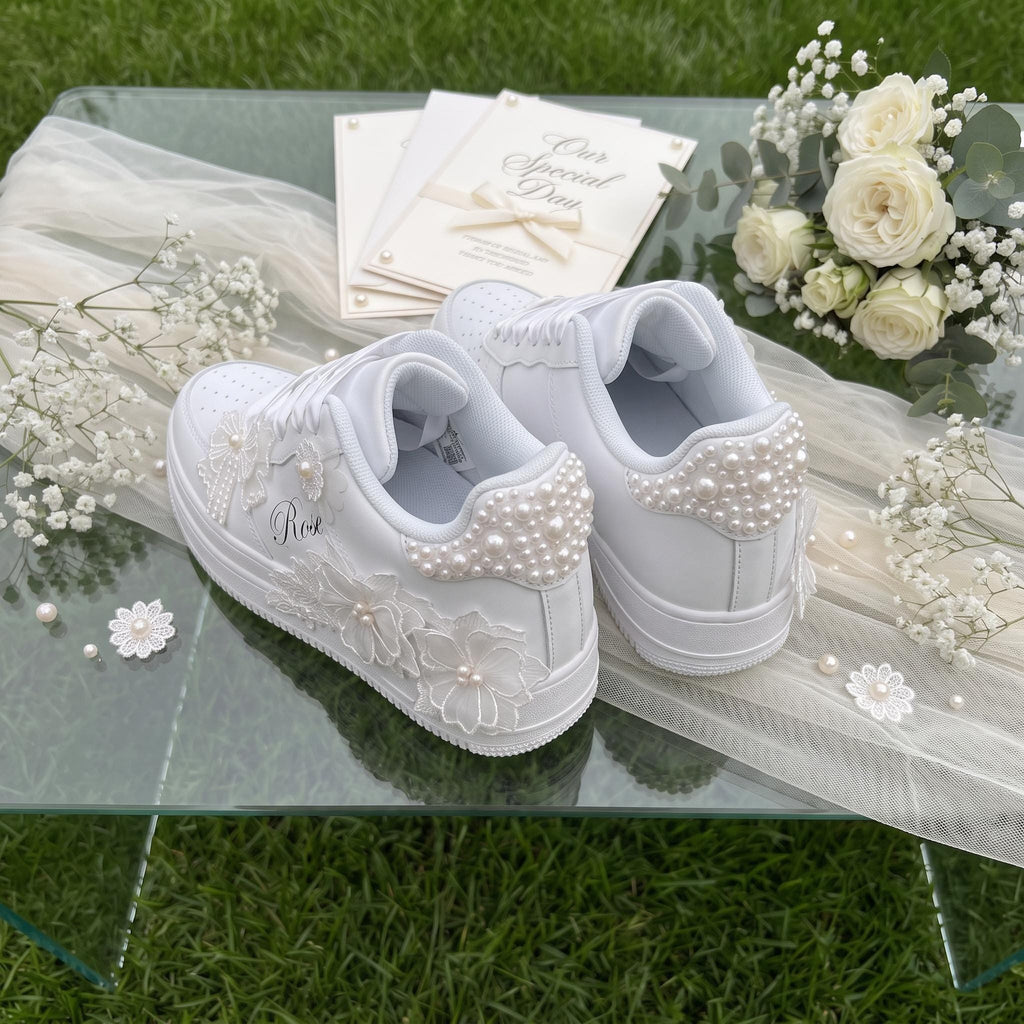 Custom Bridal Wedding Sneakers Pearl & Lace, Personalized Bridal Shoes for Reception Party, White Trainers Gift for Bride