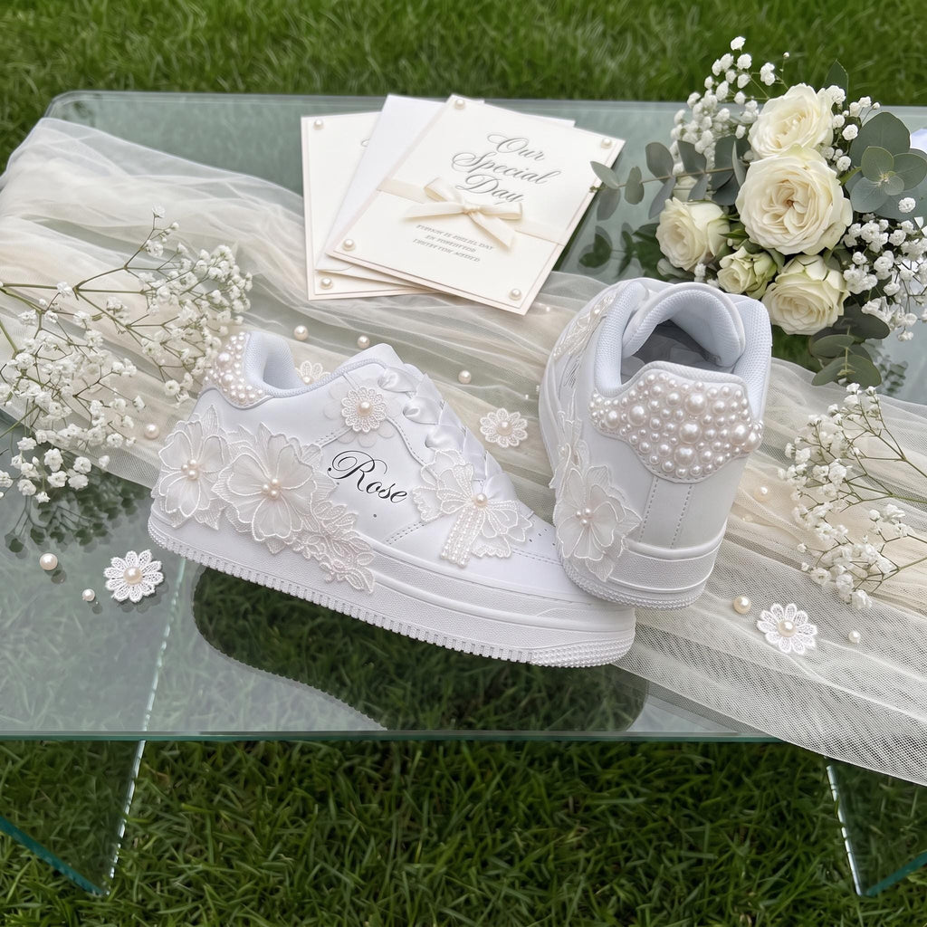 Custom Bridal Wedding Sneakers Pearl & Lace, Personalized Bridal Shoes for Reception Party, White Trainers Gift for Bride
