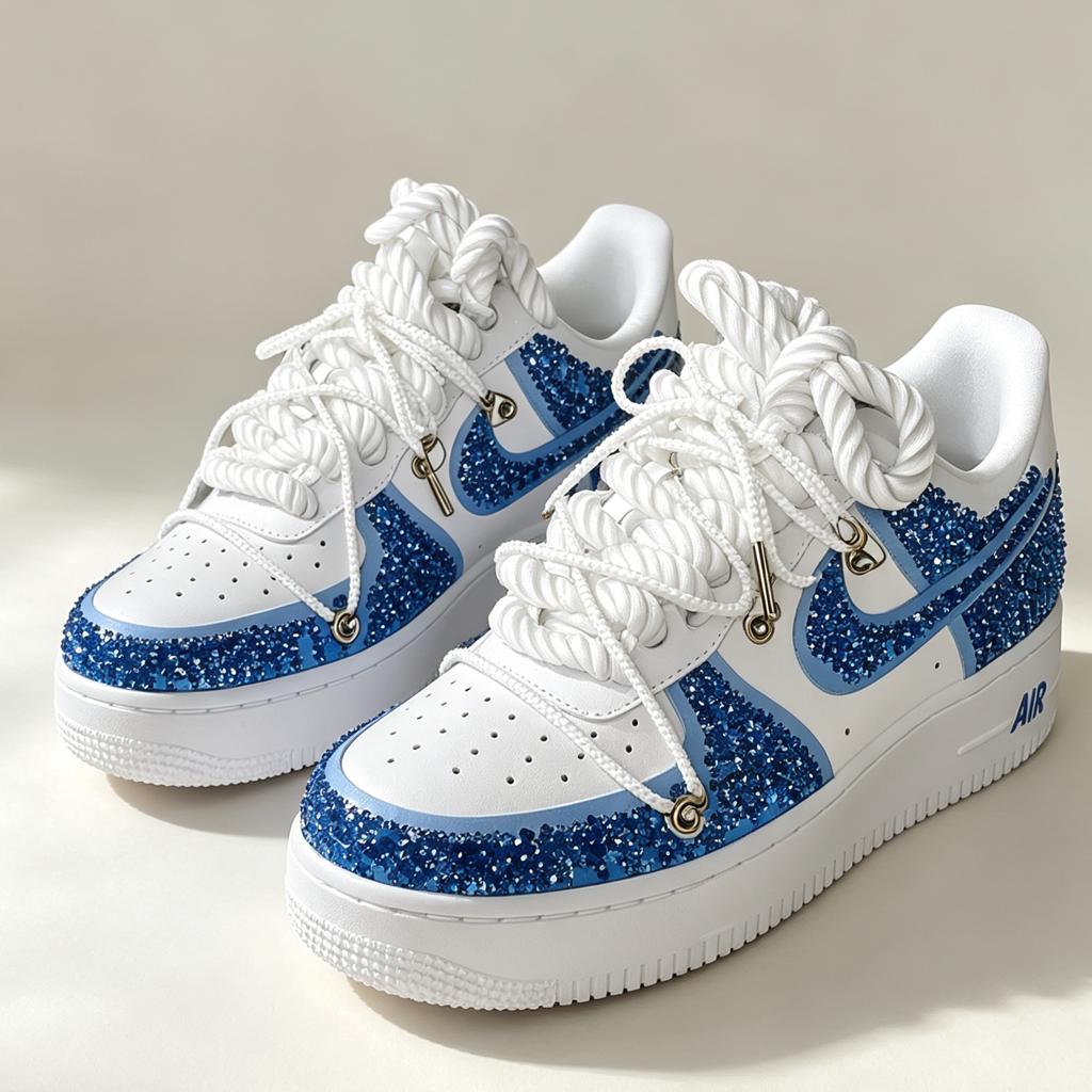 Blue Crystal AF1 Custom AF1,Bling Streetwear Shoes with Rope Laces,Unique Gift for Birthday & Graduation