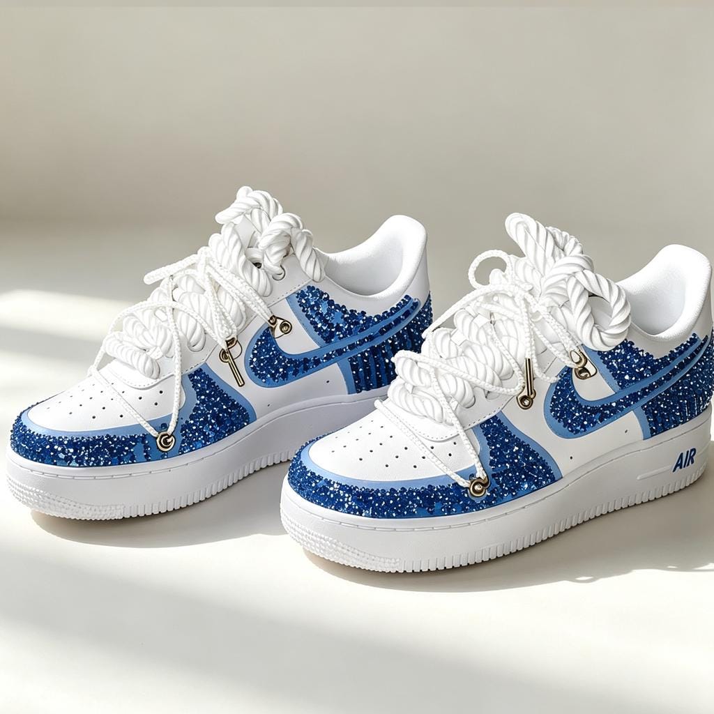 Blue Crystal AF1 Custom AF1,Bling Streetwear Shoes with Rope Laces,Unique Gift for Birthday & Graduation