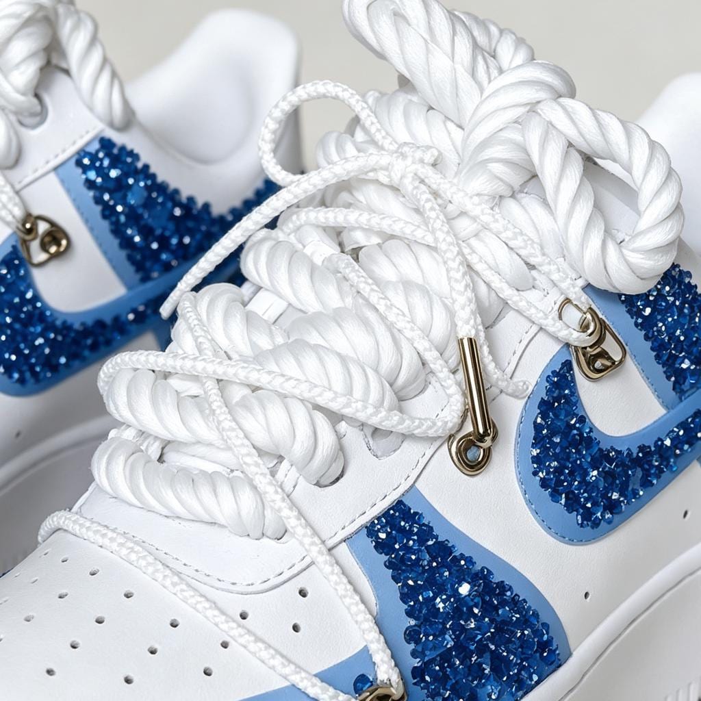 Blue Crystal AF1 Custom AF1,Bling Streetwear Shoes with Rope Laces,Unique Gift for Birthday & Graduation