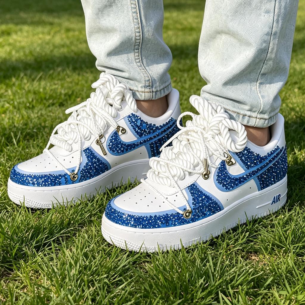 Blue Crystal AF1 Custom AF1,Bling Streetwear Shoes with Rope Laces,Unique Gift for Birthday & Graduation
