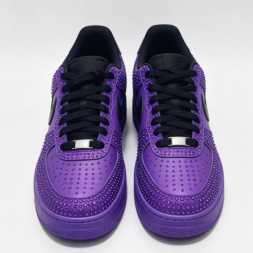 Custom Air Force 1 Purple Rhinestone Sneakers, Bling Streetwear Kicks, Unique Designer Footwear for Party & Birthday