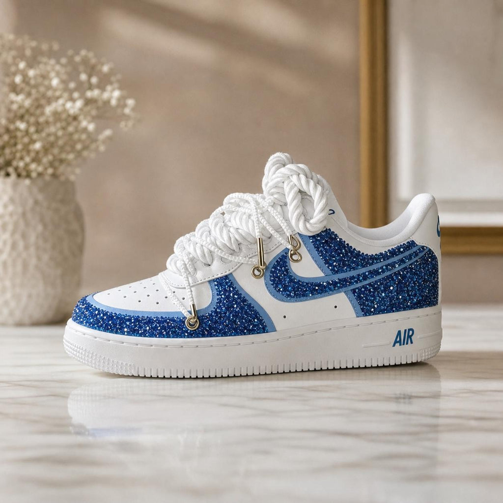 Blue Crystal AF1 Custom AF1,Bling Streetwear Shoes with Rope Laces,Unique Gift for Birthday & Graduation