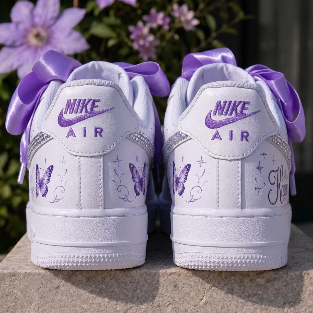 Custom Air Force 1 Purple Butterfly Rhinestone Sneakers, Hand-Painted AF1 Kicks Streetwear Gift for Her