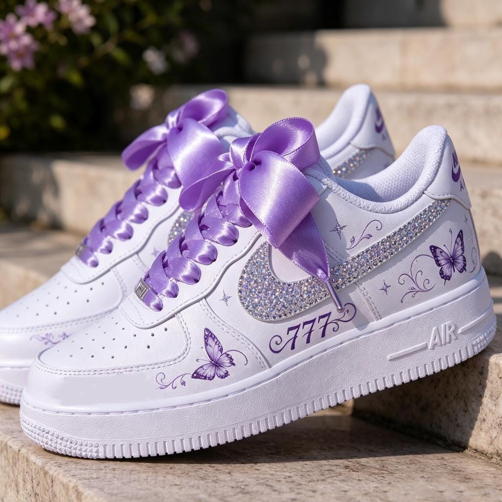 Custom Air Force 1 Purple Butterfly Rhinestone Sneakers, Hand-Painted AF1 Kicks Streetwear Gift for Her