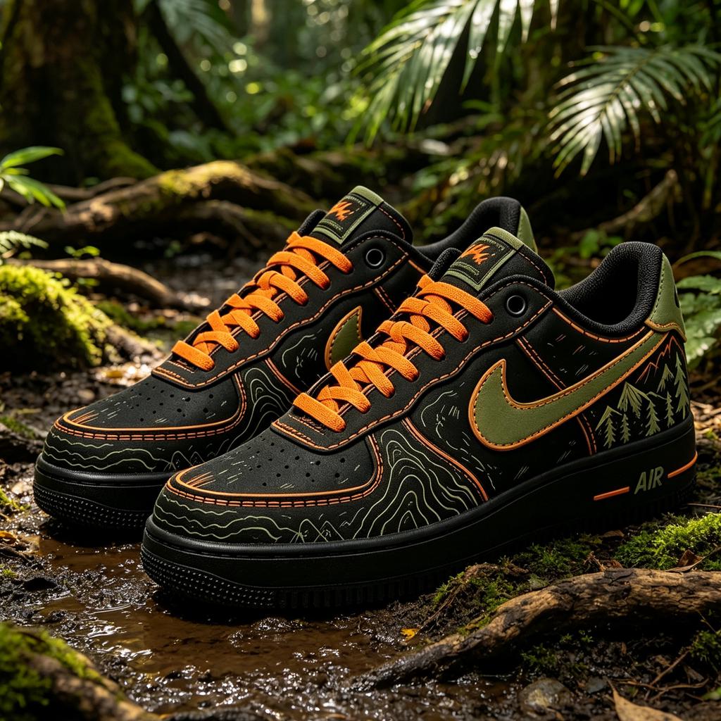 Custom Air Force 1 Forest Sneakers,Hand-Painted Black& Green Air Force 1,Custom Hiking Sneakers