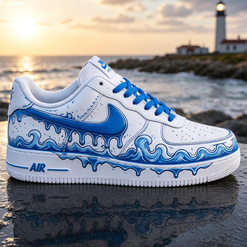 Custom Wave Art Air Force 1 Blue Ocean Aesthetic Painted Shoes Seaside Travel Sneaker Graduate Gift Custom Footwear,Gift for him