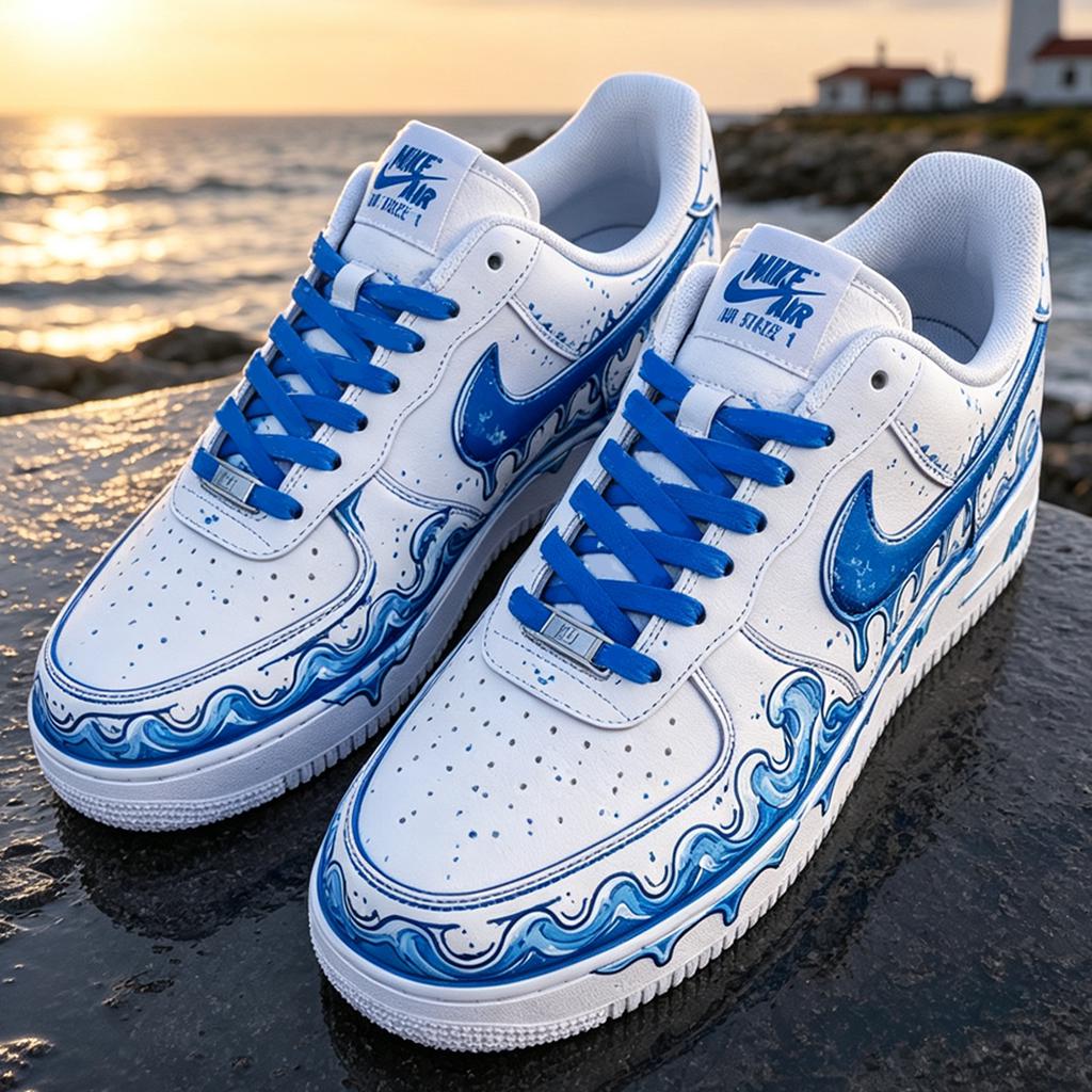 Custom Wave Art Air Force 1 Blue Ocean Aesthetic Painted Shoes Seaside Travel Sneaker Graduate Gift Custom Footwear,Gift for him