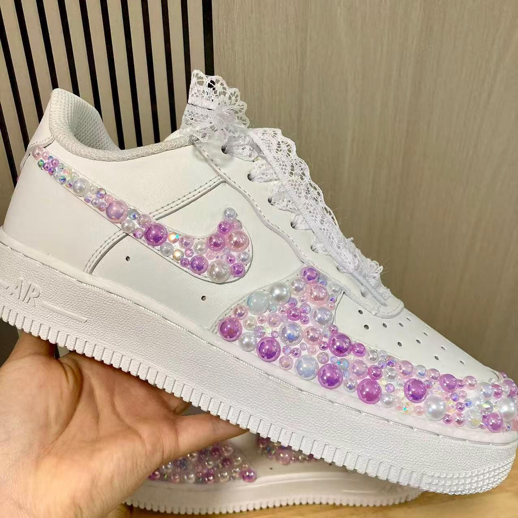 Custom Bride Dreamy Purple Pearl Sneakers, Personalized Bride Pearl Rhinestone Sneakers, Bridesmaid and Best Man Gift, Prom Wedding Shoes