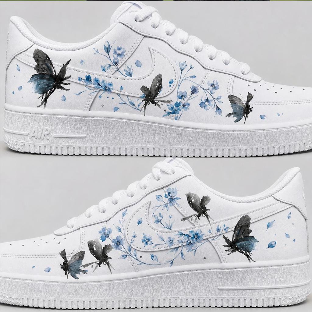 Customized blue butterfly AF1, hand-painted blue flower shoes, ink style customized shoe gift for daughter’s birthday