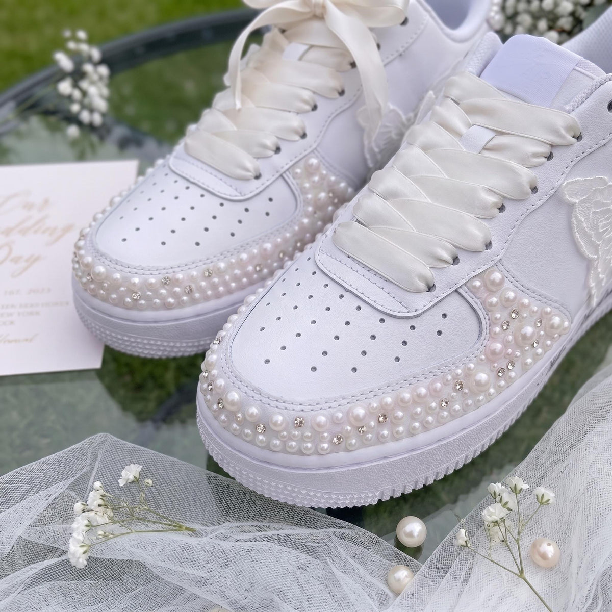 Bridal Sneakers Pearl Butterfly, Personalized Wedding Shoes for Bride, Custom Name Date trainers