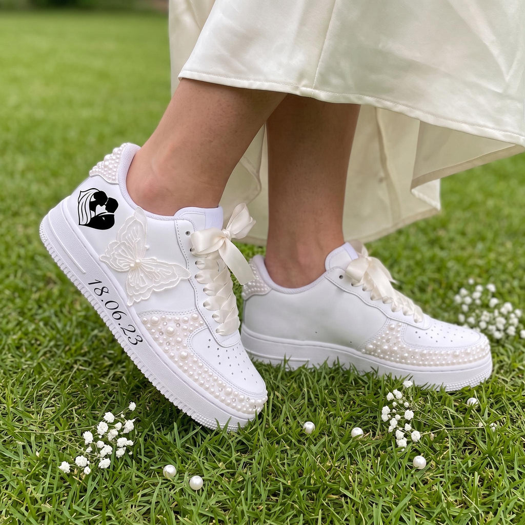 Bridal Sneakers Pearl Butterfly, Personalized Wedding Shoes for Bride, Custom Name Date trainers