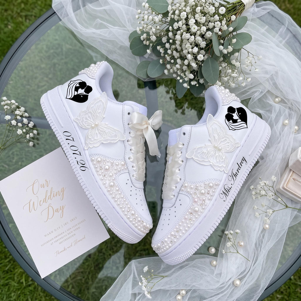Bridal Sneakers Pearl Butterfly, Personalized Wedding Shoes for Bride, Custom Name Date trainers