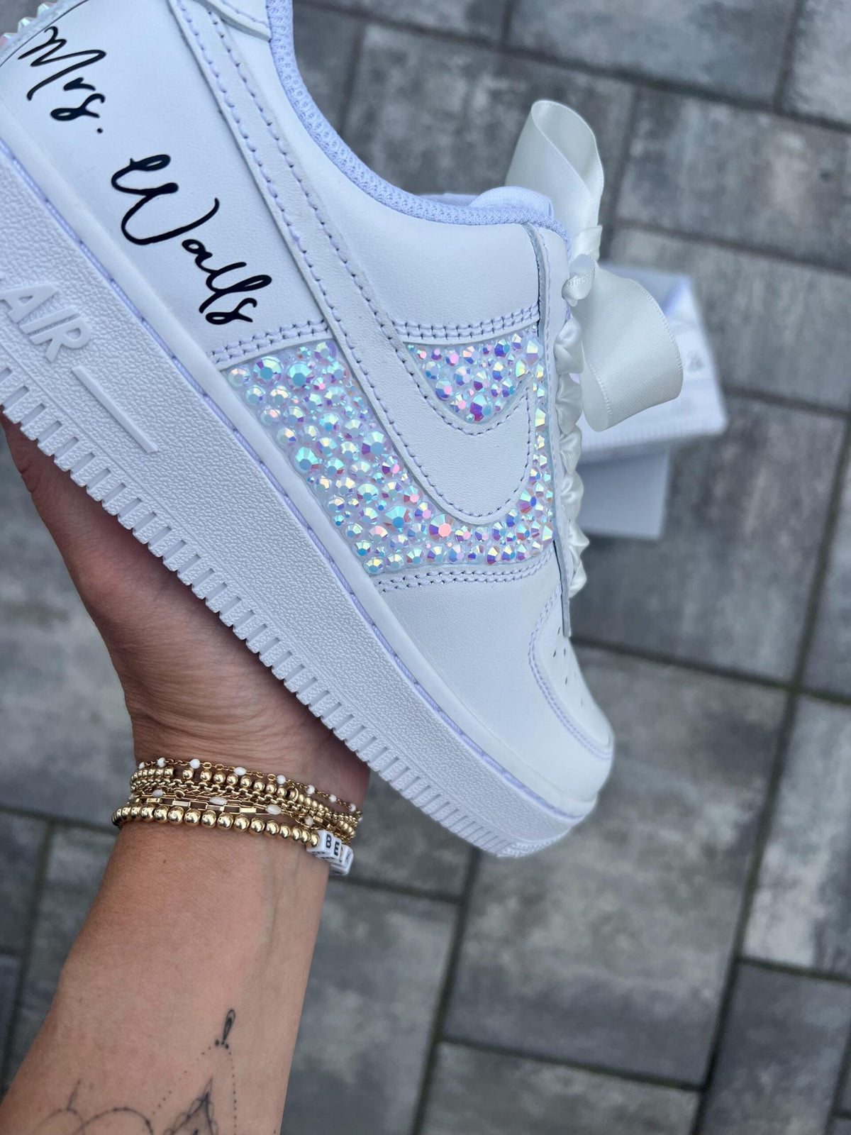 Personalized Bridal Air Force 1 Sneakers White iridescent Rhinestone Wedding Shoes