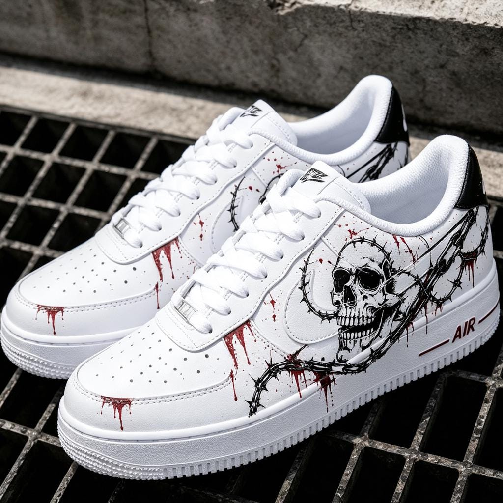 Custom Skull Barbed Wire Sneakers,Hand Painted AF1 Streetwear Shoes,Personalized Gift for him