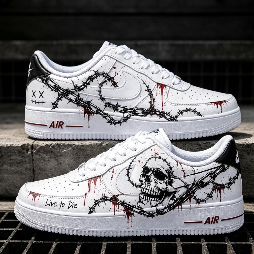 Custom Skull Barbed Wire Sneakers,Hand Painted AF1 Streetwear Shoes,Personalized Gift for him