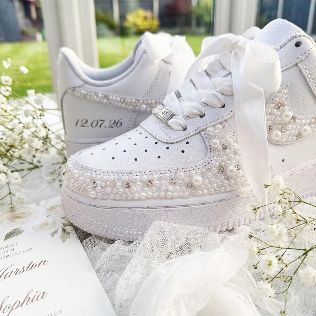 Bridal Sneakers Pearl Rhinestone, White Wedding Shoes for Bride, Custom Personalized Reception Gift