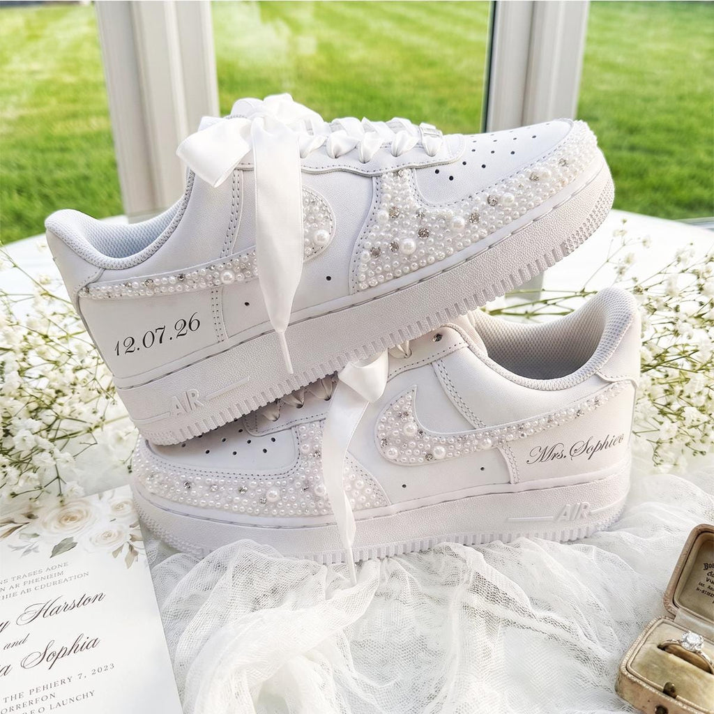 Bridal Sneakers Pearl Rhinestone, White Wedding Shoes for Bride, Custom Personalized Reception Gift