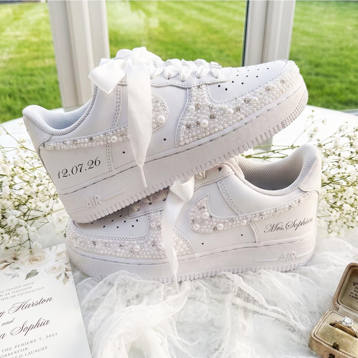 Bridal Sneakers Pearl Rhinestone, White Wedding Shoes for Bride, Custom Personalized Reception Gift