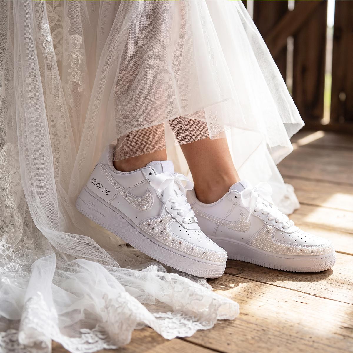 Bridal Sneakers Pearl Rhinestone, White Wedding Shoes for Bride, Custom Personalized Reception Gift