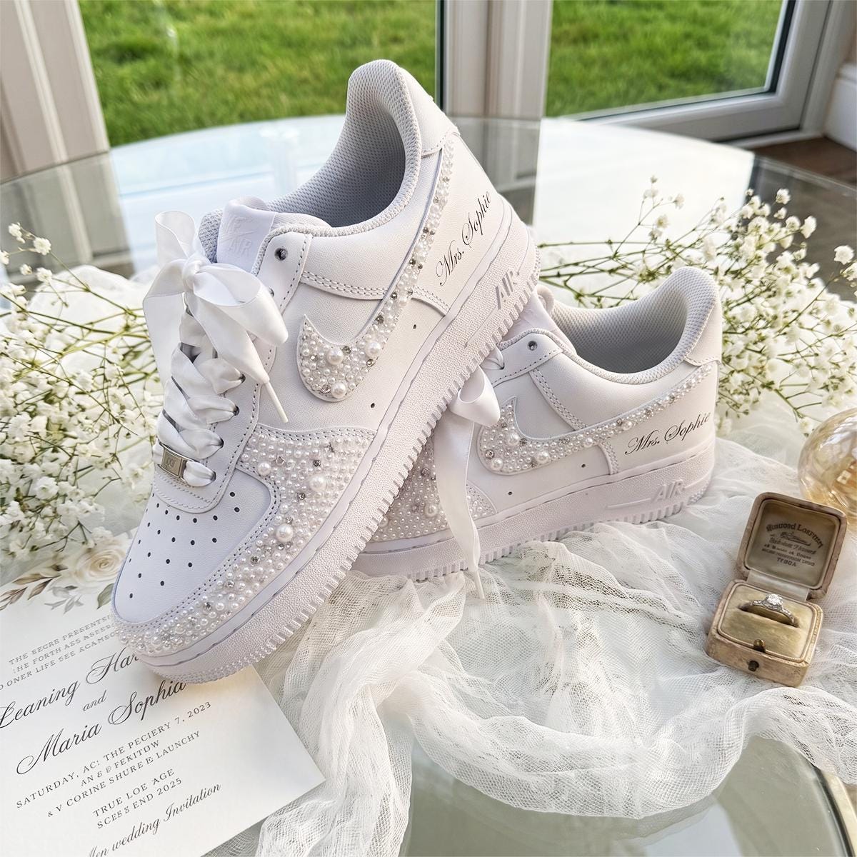 Bridal Sneakers Pearl Rhinestone, White Wedding Shoes for Bride, Custom Personalized Reception Gift