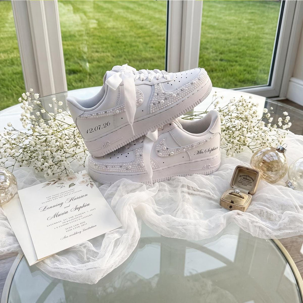 Bridal Sneakers Pearl Rhinestone, White Wedding Shoes for Bride, Custom Personalized Reception Gift
