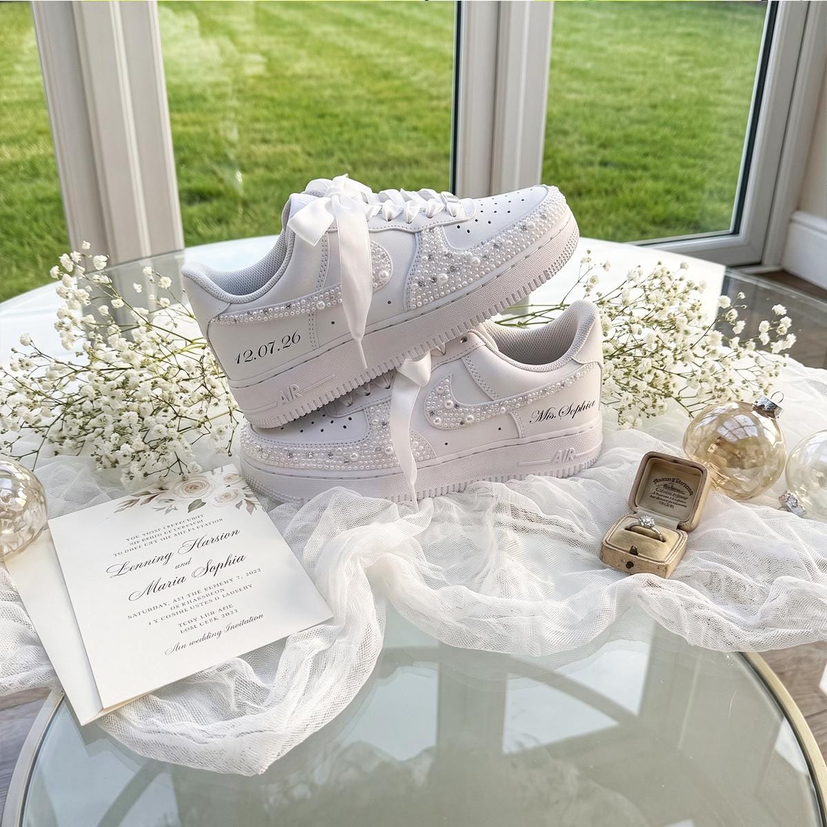 Bridal Sneakers Pearl Rhinestone, White Wedding Shoes for Bride, Custom Personalized Reception Gift