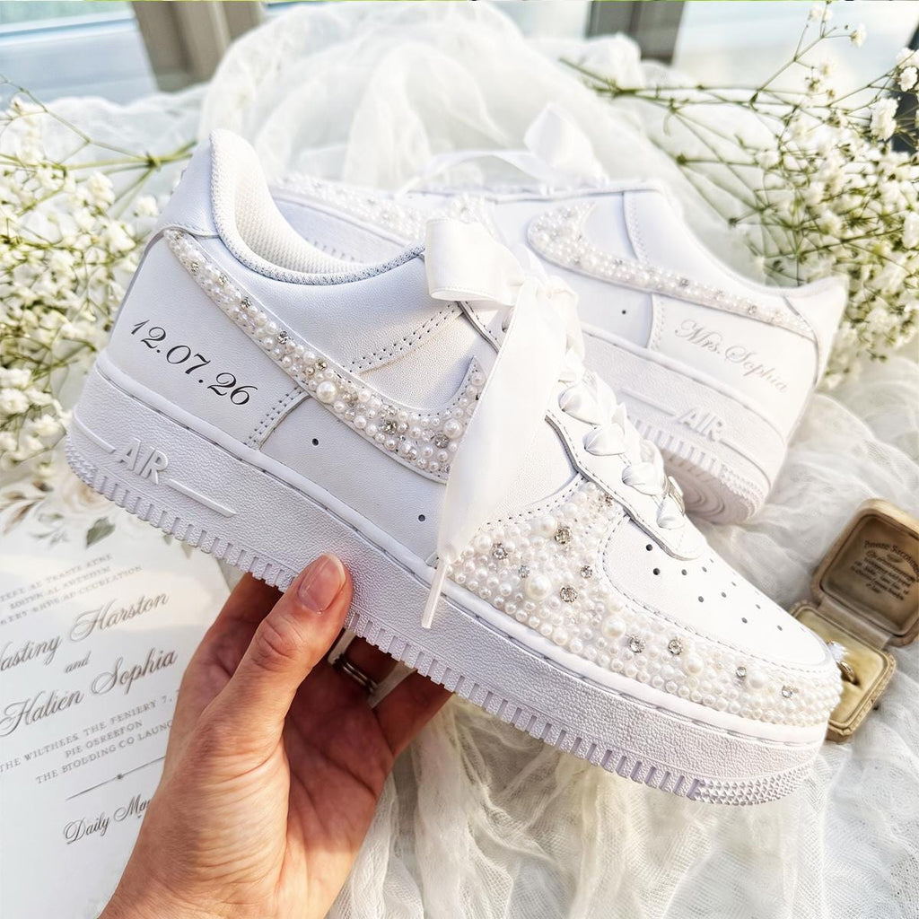 Bridal Sneakers Pearl Rhinestone, White Wedding Shoes for Bride, Custom Personalized Reception Gift