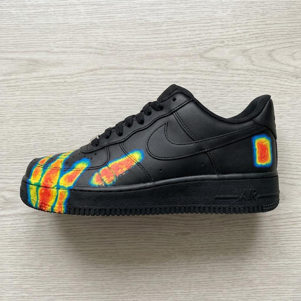 Custom Air Force 1, Thermal X-Ray Skeleton AF1 Sneakers, Hand Painted Black Kicks, Anatomy Footwear, Unique Gift for Him Her