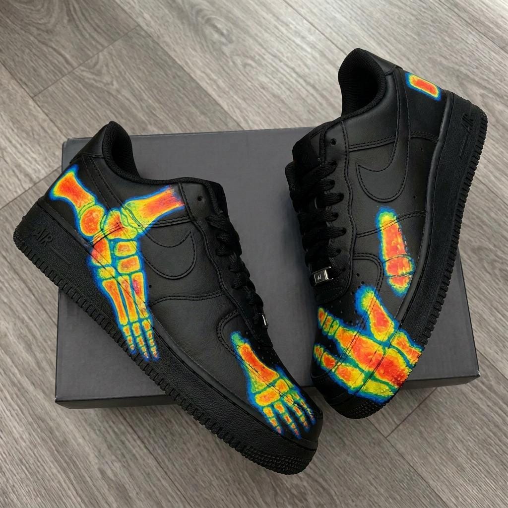 Custom Air Force 1, Thermal X-Ray Skeleton AF1 Sneakers, Hand Painted Black Kicks, Anatomy Footwear, Unique Gift for Him Her