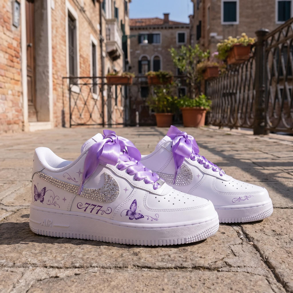 Custom Air Force 1 Purple Butterfly Rhinestone Sneakers, Hand-Painted AF1 Kicks Streetwear Gift for Her