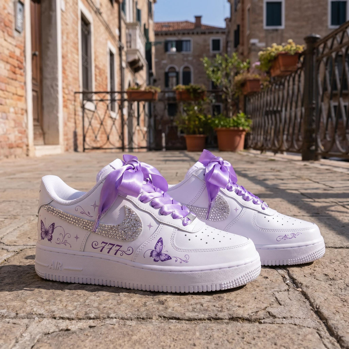 Custom Air Force 1 Purple Butterfly Rhinestone Sneakers, Hand-Painted AF1 Kicks Streetwear Gift for Her