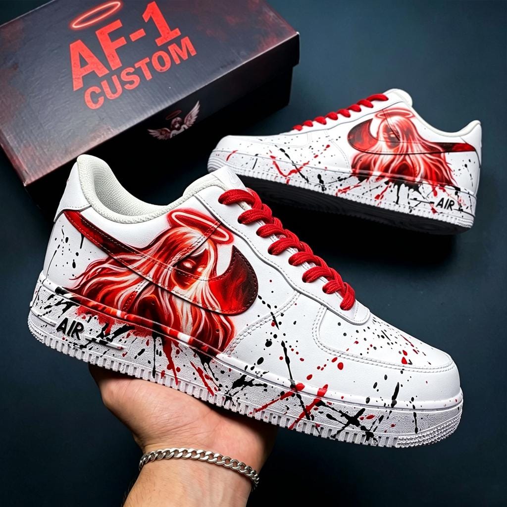Customized White Air Force 1,Hand-Painted Red Angel Sneakers,Red&Black Splash Shoes,Gothic Dark Style AF1,A Unique Gift For Him/Her