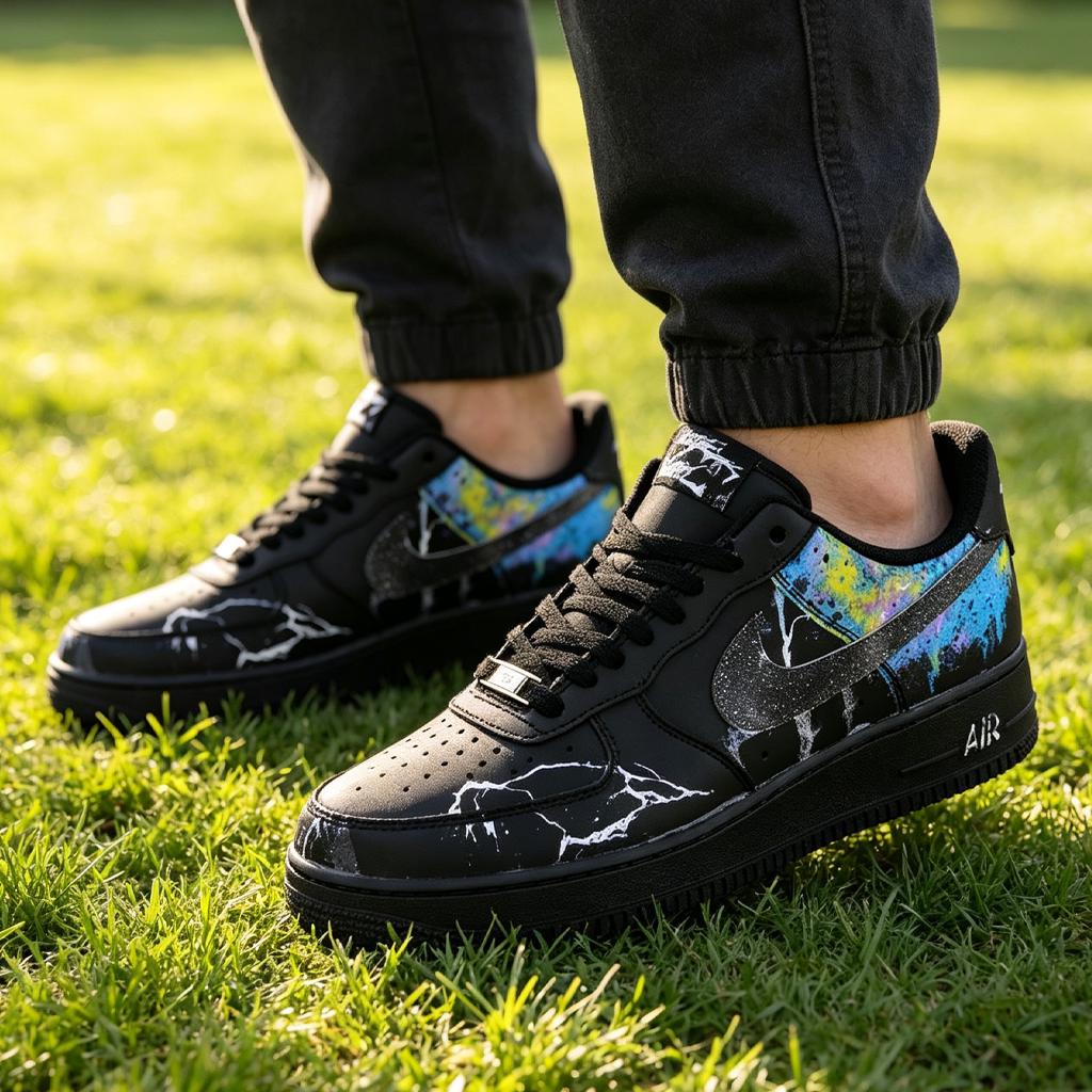 Custom AF1 Shoes, Black Nebula Lightning Air Force 1, Cosmic Streetwear Sneakers, Customized Footwear, Birthday Graduation Gift