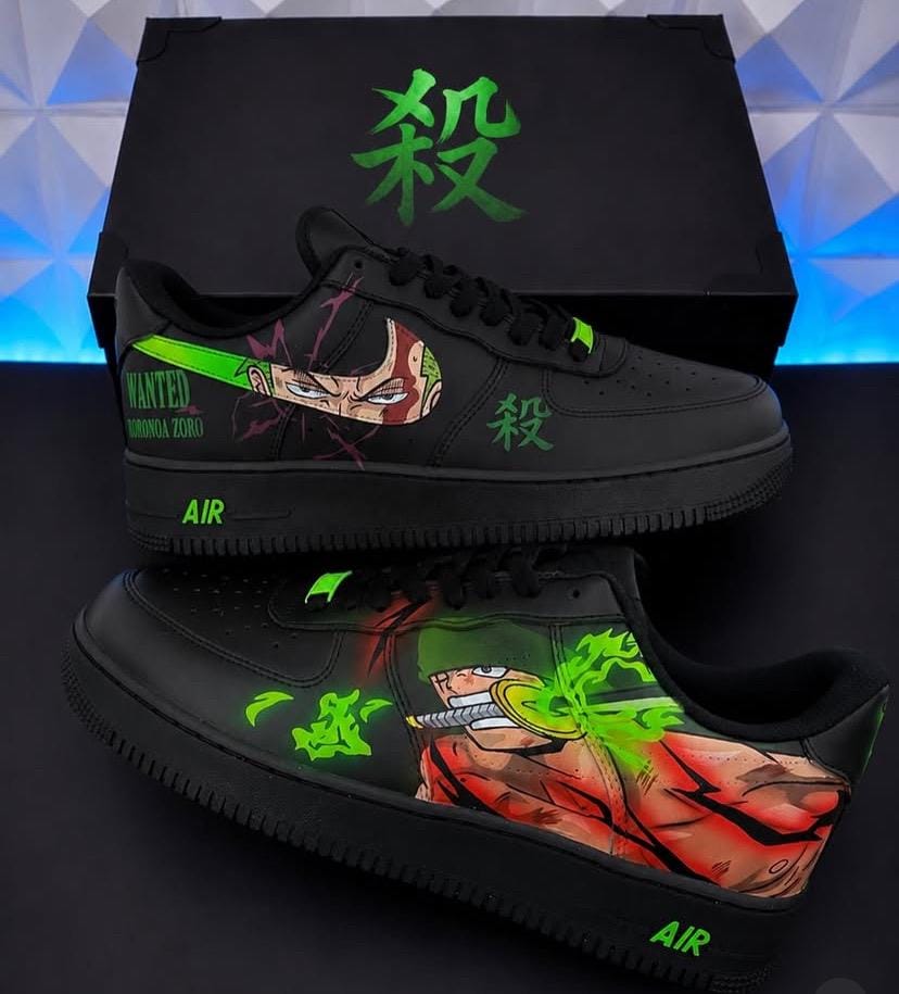 Custom Hand Painted Anime Sneakers | Black Green Custom Air Force 1 Style Shoes | Manga Inspired Sneakers | Unique Gift