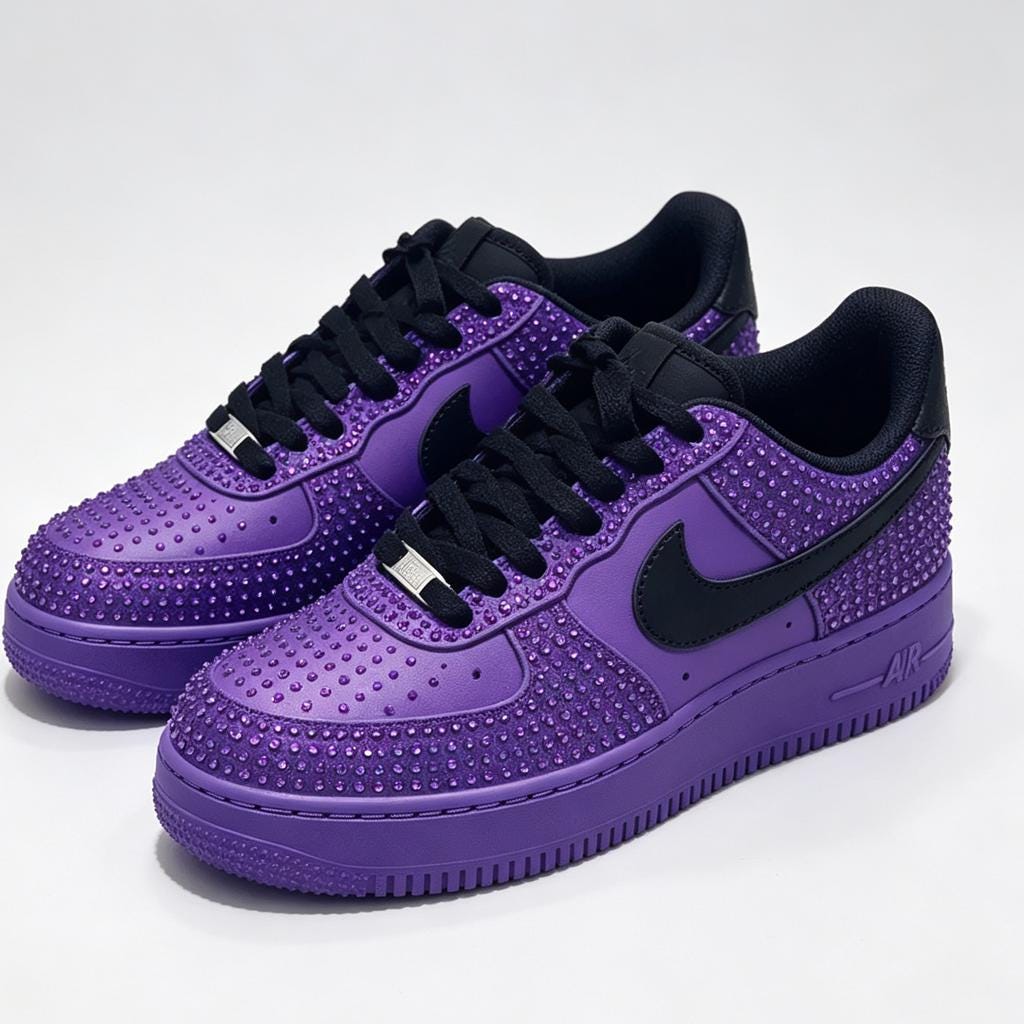 Custom Air Force 1 Purple Rhinestone Sneakers, Bling Streetwear Kicks, Unique Designer Footwear for Party & Birthday