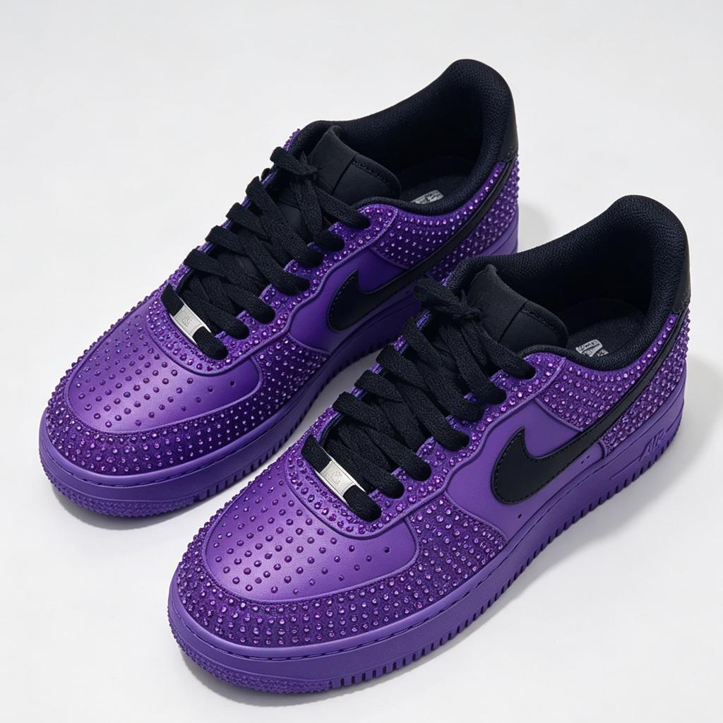 Custom Air Force 1 Purple Rhinestone Sneakers, Bling Streetwear Kicks, Unique Designer Footwear for Party & Birthday