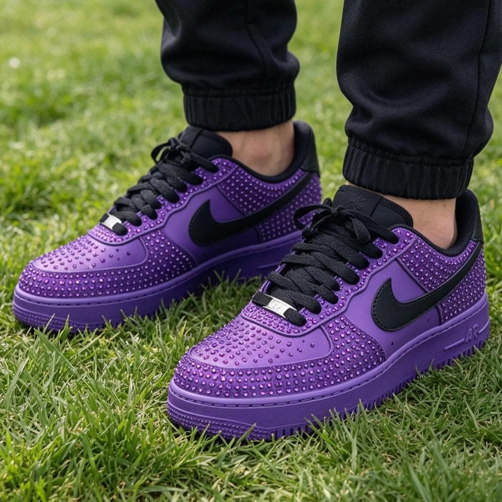 Custom Air Force 1 Purple Rhinestone Sneakers, Bling Streetwear Kicks, Unique Designer Footwear for Party & Birthday