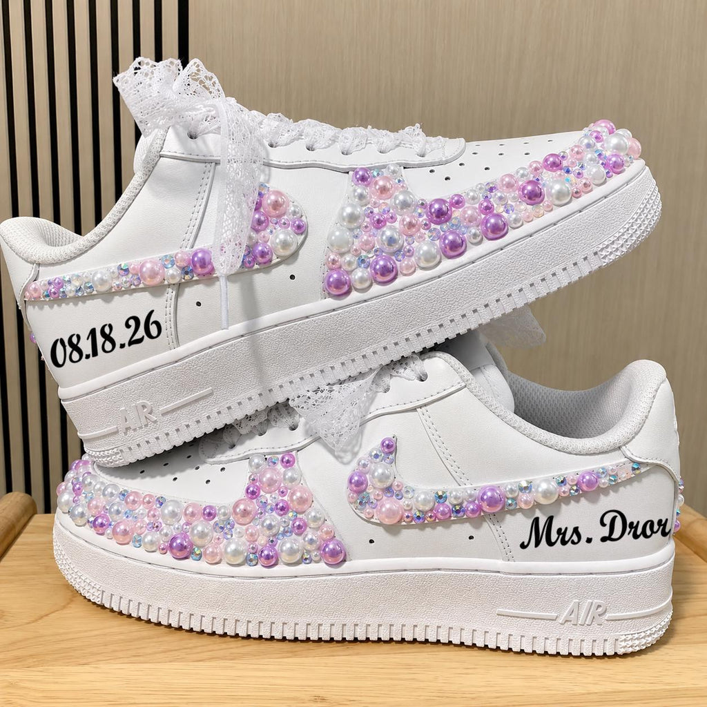 Custom Bride Dreamy Purple Pearl Sneakers, Personalized Bride Pearl Rhinestone Sneakers, Bridesmaid and Best Man Gift, Prom Wedding Shoes