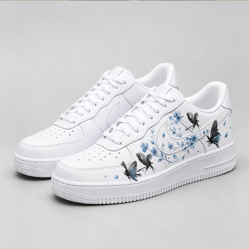 Customized blue butterfly AF1, hand-painted blue flower shoes, ink style customized shoe gift for daughter’s birthday