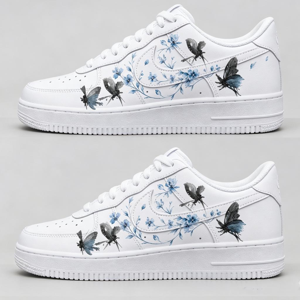 Customized blue butterfly AF1, hand-painted blue flower shoes, ink style customized shoe gift for daughter’s birthday
