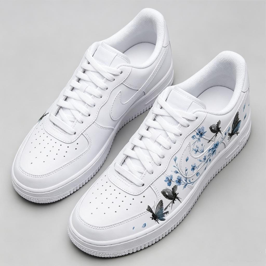 Customized blue butterfly AF1, hand-painted blue flower shoes, ink style customized shoe gift for daughter’s birthday