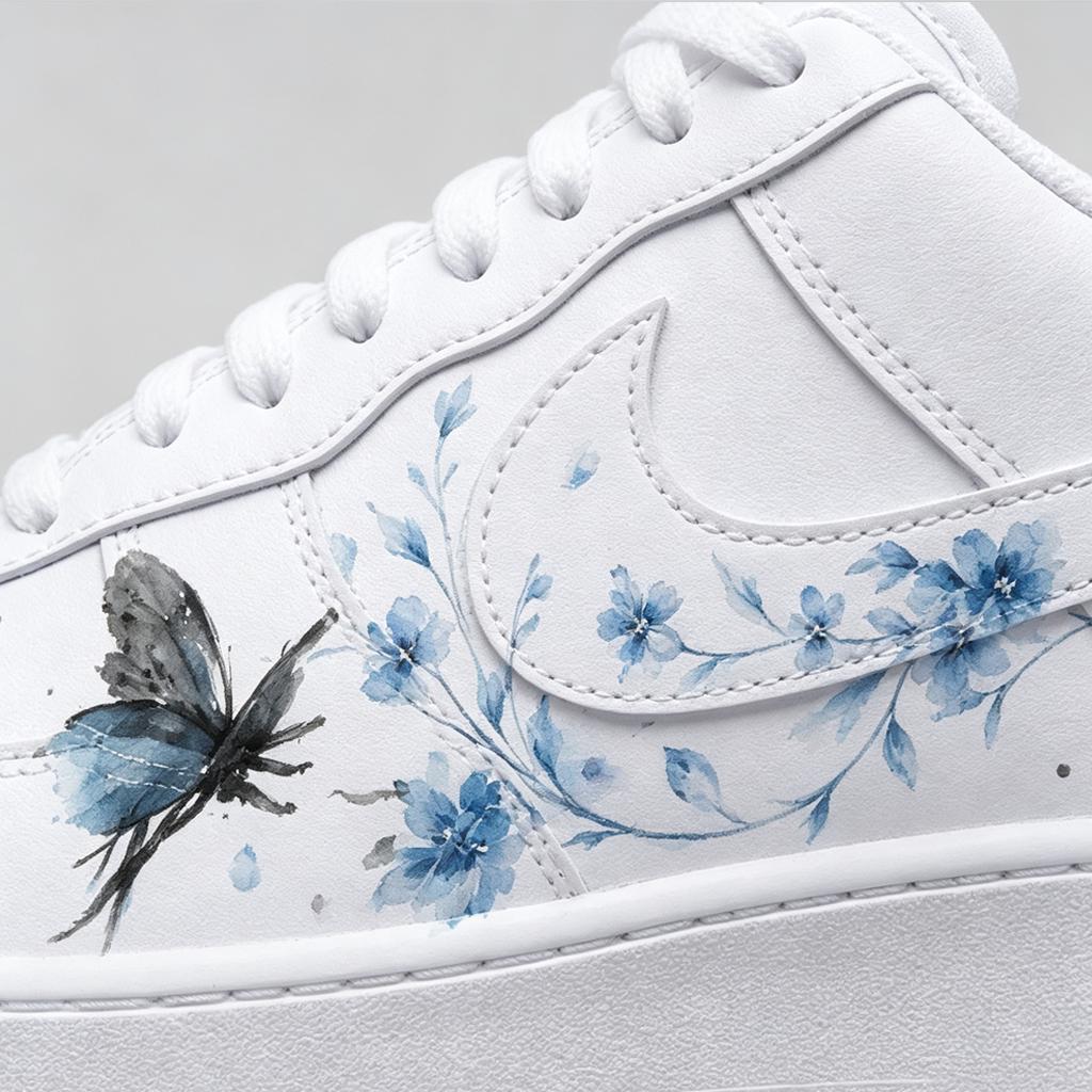 Customized blue butterfly AF1, hand-painted blue flower shoes, ink style customized shoe gift for daughter’s birthday