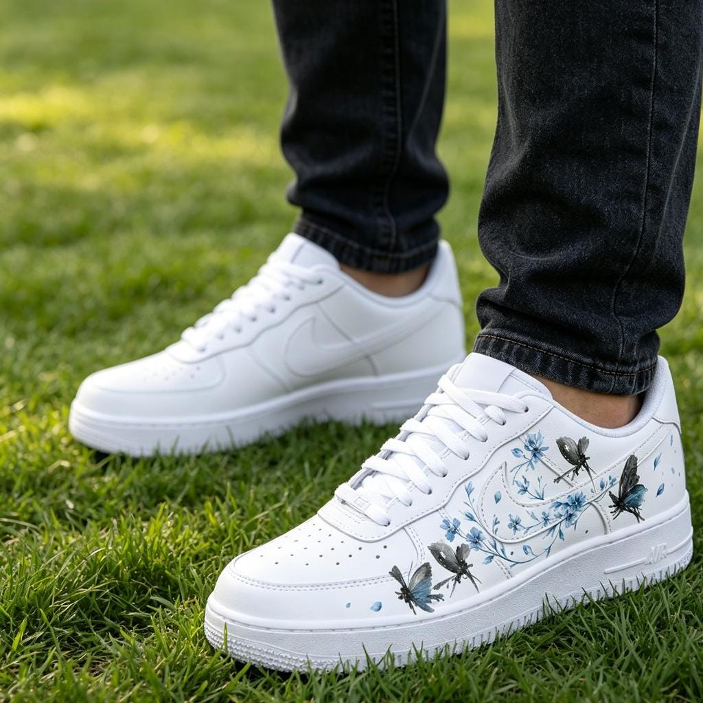 Customized blue butterfly AF1, hand-painted blue flower shoes, ink style customized shoe gift for daughter’s birthday