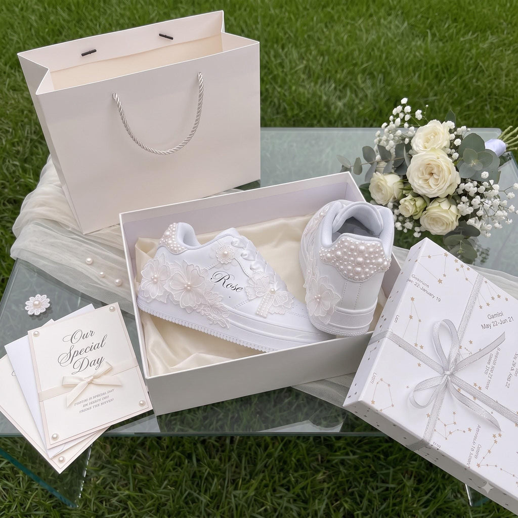 Custom Bridal Wedding Sneakers Pearl & Lace, Personalized Bridal Shoes for Reception Party, White Trainers Gift for Bride